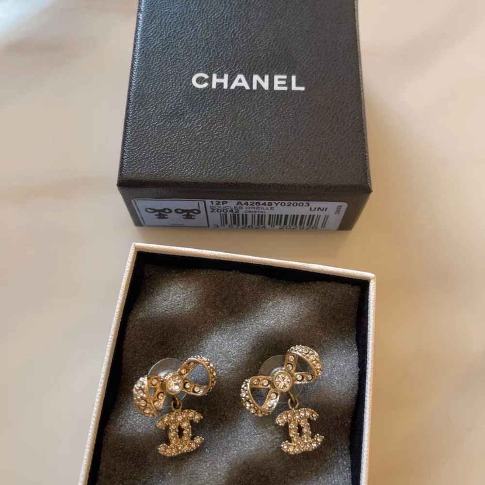 CHANEL Gold and Crystal Bow Earrings